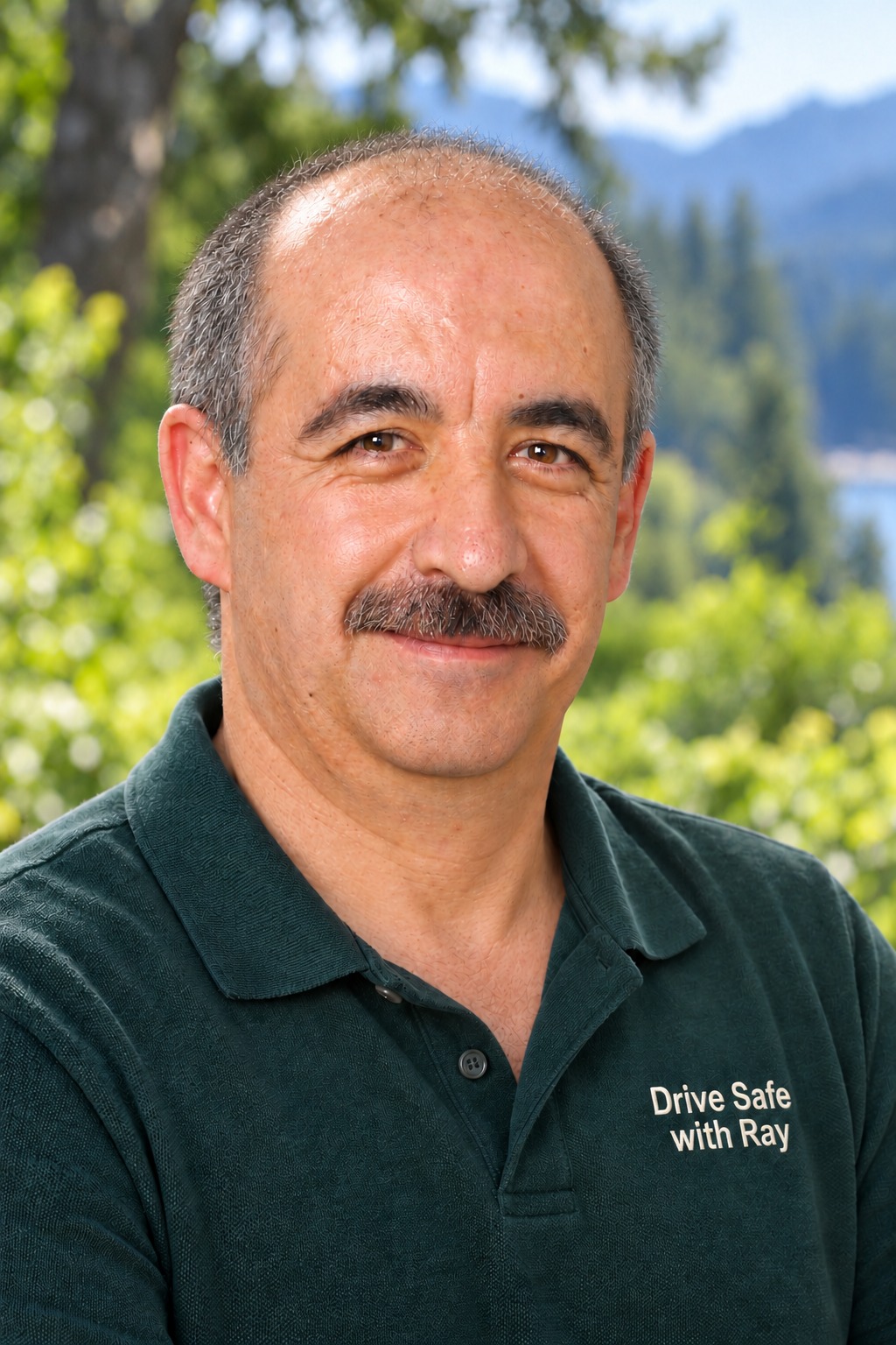 Ray, owner of Ray’s Driving School, smiling in his green Drive Safe with Ray polo